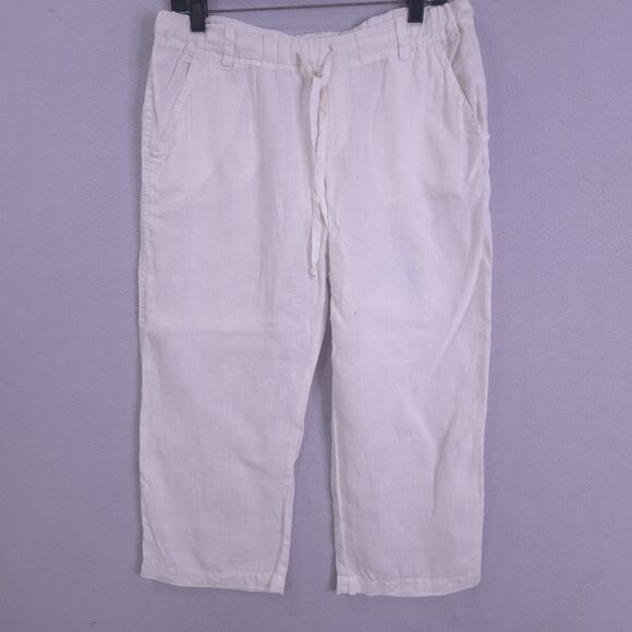 Allen Allen Pants Womens White M 100% Linen Elastic Waist Cropped Pull On Beach - Picture 1 of 16
